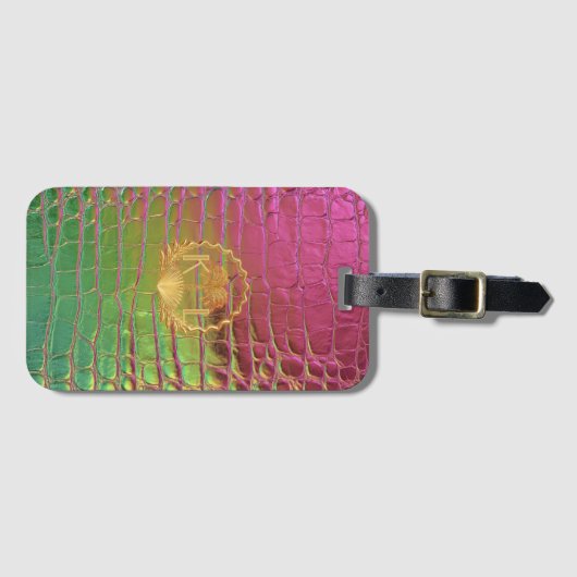 Chic Pink Green Croc Monogram Gold Crest Gepäckanhänger (Vorderseite (Horizontal))