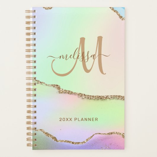 Chic Pink Green Pastel Gold Glitzer Monogram 2024 Planer (Vorderseite)