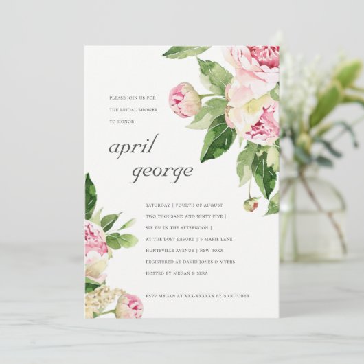 CHIC PINK GREEN PEONY FLORAL BRAUTPARTY INVITE DANKESKARTE (Stehend Vorderseite)