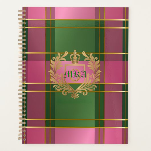 Chic Pink Green Plaid Monogram Personal Planner Planer (Vorderseite)