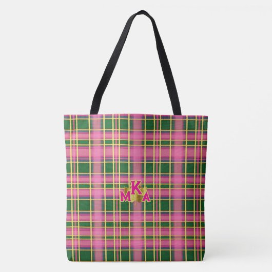 Chic Pink & Green Plaid Tote Bag with Monogram Tasche (Vorderseite)