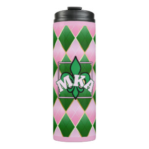 Chic Pink Grüner Argyle Monogramm Wärmeschutzbeche Thermosbecher