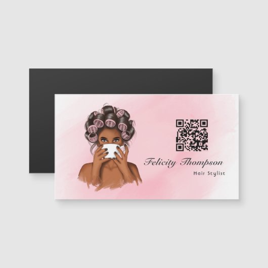 Chic Pink Hair Stylist QR Code Magnetkarte (Vorne/Hinten)
