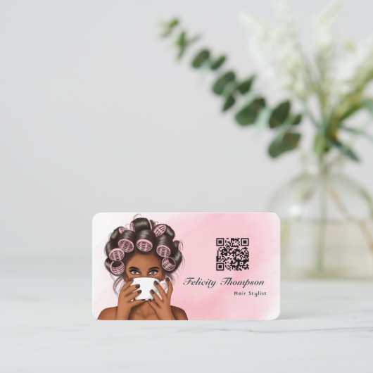 Chic Pink Hair Stylist QR Code Visitenkarte (Stehend Vorderseite)