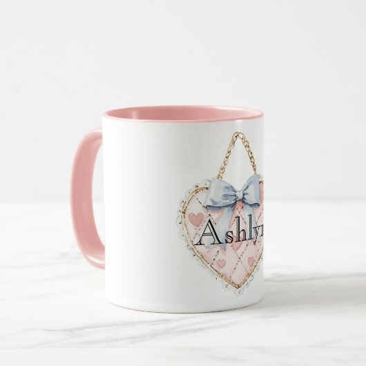 Chic Pink Heart Blue Bow Tasse (Vorderseite Links)