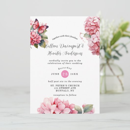 Chic Pink Hydrangea Butterfly Hochzeit Einladung (Stehend Vorderseite)
