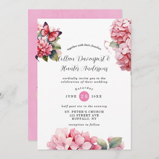 Chic Pink Hydrangea Butterfly Hochzeit Einladung (Vorne/Hinten)