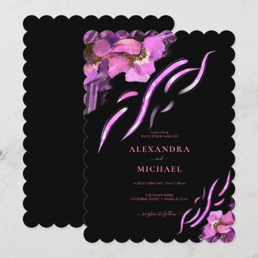 Chic Pink Iris Blume Black Wedding Einladung (Vorne/Hinten)