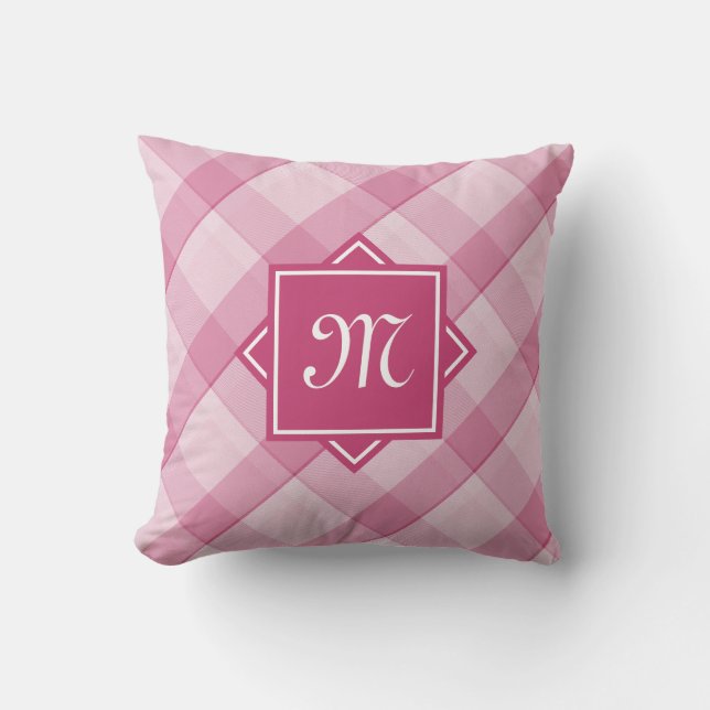 Chic Pink Kariert mit moderner Diagonal-Monogramm Kissen (Vorderseite)