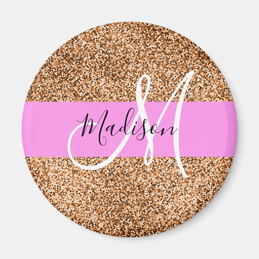Chic Pink & Kürbis Glitter Funkeln Monogramm Name Magnet (Vorne)