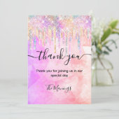 Chic pink lila Einhorn Tropfen Glitzer vielen Dank Karte (Stehend Vorderseite)