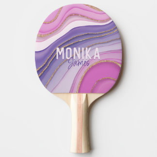 Chic Pink Lila Imitate Gold Glitzer Marmormonogram Tischtennis Schläger