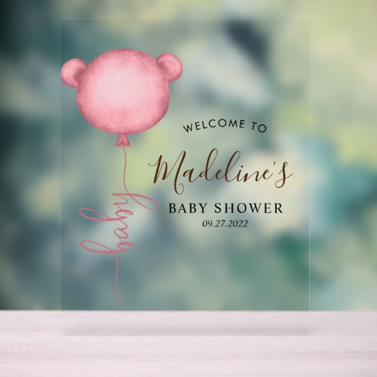 Chic Pink Minimalistisch Bear Balloon Babydusche Acrylschild (Neutral)