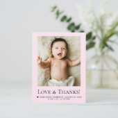 Chic Pink Newborn Photo Love & Thanks Birth Stats Postkarte (Stehend Vorderseite)