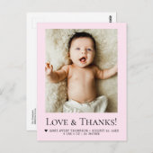 Chic Pink Newborn Photo Love & Thanks Birth Stats Postkarte (Vorne/Hinten)