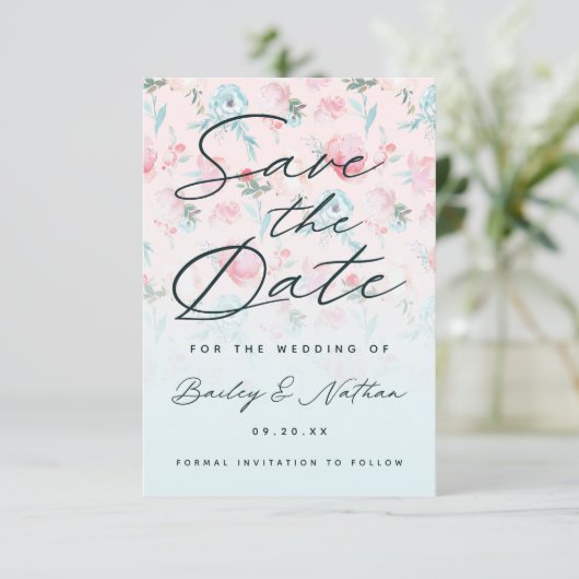 Chic Pink Ombre French Garden Bloral Peony Wedding Save The Date (Stehend Vorderseite)