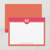 Chic Pink Orange Geometric Modern Monogram Mitteilungskarte (Vorne/Hinten)