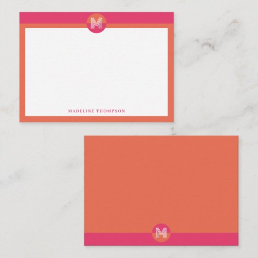 Chic Pink Orange Geometric Modern Monogram Mitteilungskarte (Vorne/Hinten)