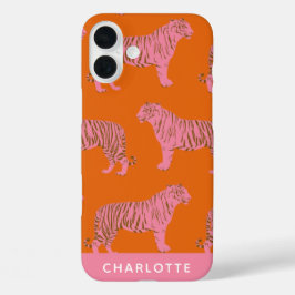 Chic Pink Orange Tiger Muster Personalisierter Nam iPhone 16 Plus Hülle