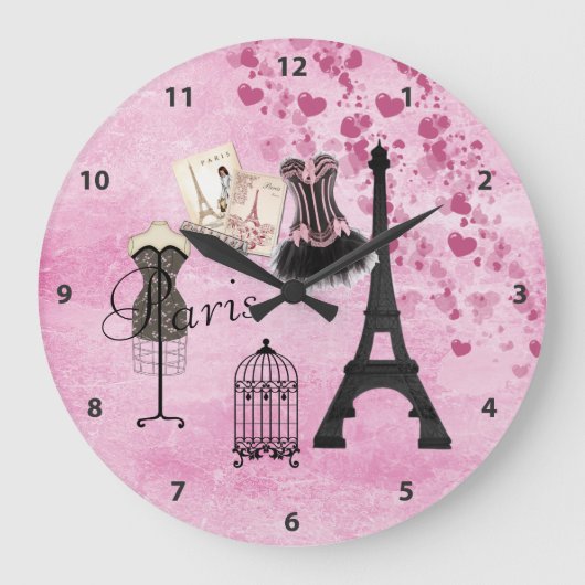 Chic Pink Paris Clock Große Wanduhr (Vorderseite)