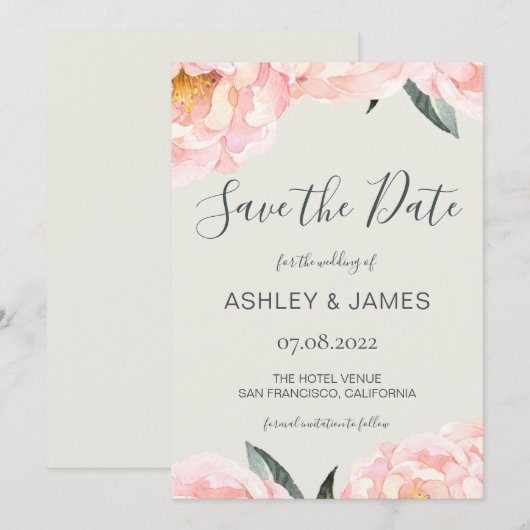 Chic Pink Peony Calligraphy Save the Date (Vorne/Hinten)