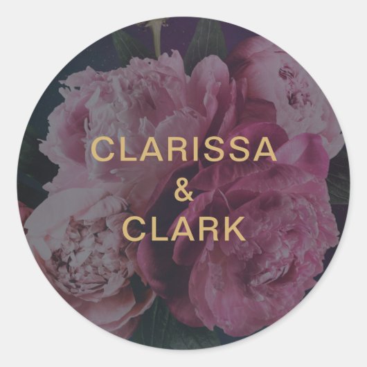 Chic Pink Peony Couples Names Wedding Envelope Runder Aufkleber (Vorderseite)