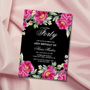 Chic Pink Peony Floral Black 40. Geburtstag Einladung