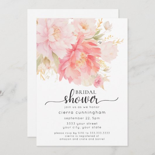 Chic Pink Peony Floral Brautparty Einladung (Vorne/Hinten)