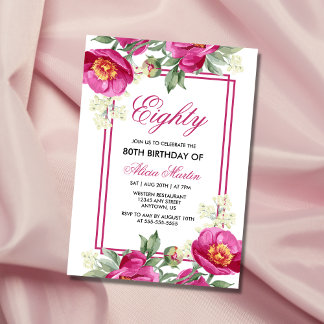 Chic Pink Peony Floral Greenery 80. Geburtstag Einladung