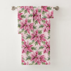 Chic Pink Poinsettia Blume Weihnachten Badhandtuch Set