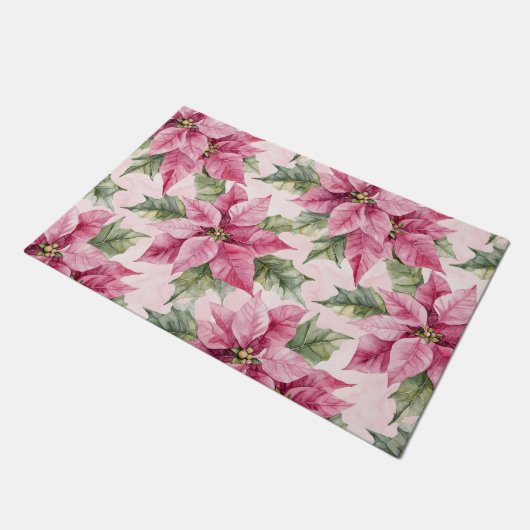 Chic Pink Poinsettia Blume Weihnachten Fußmatte (Schrägansicht)