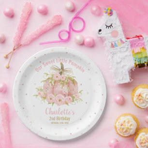 Chic Pink Pumpkin 1. Geburtstag Floral Girl Pappteller
