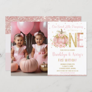 Chic Pink Pumpkin 1. Geburtstag Twin Girls Foto Einladung