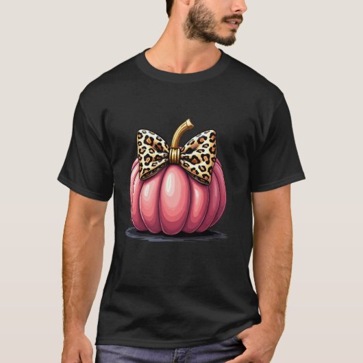 Chic Pink Pumpkin Coquette Leopard Bow Halloween G T-Shirt (Vorderseite)