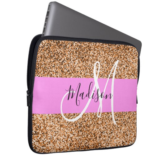 Chic Pink & Pumpkin Glitzer Glitzern Monogram Name Laptopschutzhülle (Vorne Rechts)