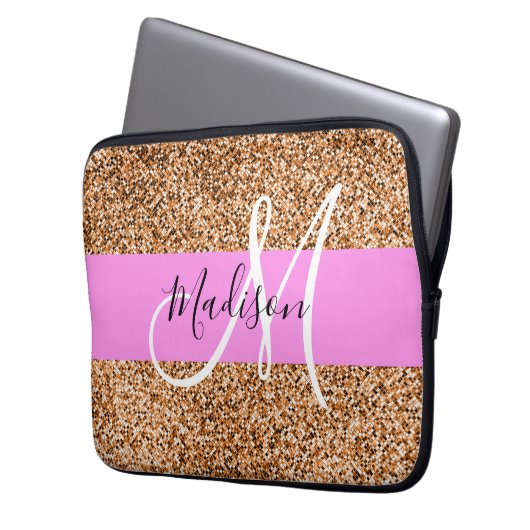 Chic Pink & Pumpkin Glitzer Glitzern Monogram Name Laptopschutzhülle (Vorderseite Links)