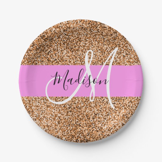 Chic Pink & Pumpkin Glitzer Glitzern Monogram Name Pappteller (Vorderseite)