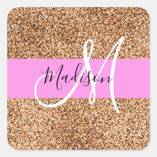 Chic Pink & Pumpkin Glitzer Glitzern Monogram Name Quadratischer Aufkleber (Vorderseite)