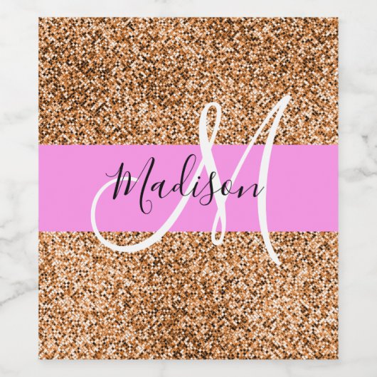 Chic Pink & Pumpkin Glitzer Glitzern Monogram Name Weinetikett (Einzelnes Label)
