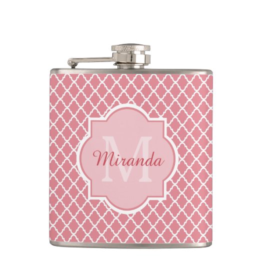 Chic Pink Quatrefolie Monogramm mit Name Flachmann (Vorderseite)