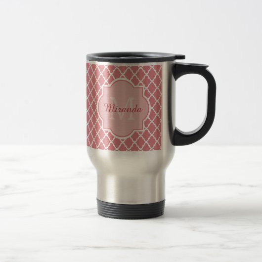 Chic Pink Quatrefolie Monogramm mit Name Reisebecher (Rechts)