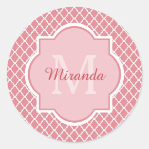 Chic Pink Quatrefolie Monogramm mit Name Runder Aufkleber