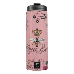Chic Pink Queen Bee & Gold Crown Floral Monogram Thermosbecher