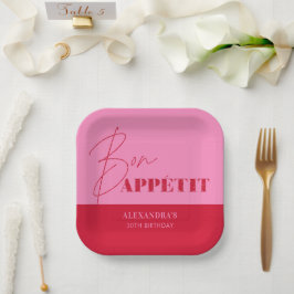 Chic Pink Red Bon Appétit Skript Geburtstagspapier Pappteller