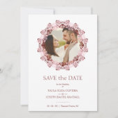 Chic Pink & Red Flourish Lace Effect Photo Couple Save The Date (Vorderseite)