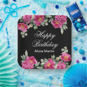 Chic Pink Red Violet Peony Floral Black Birthday Pappteller (Party)