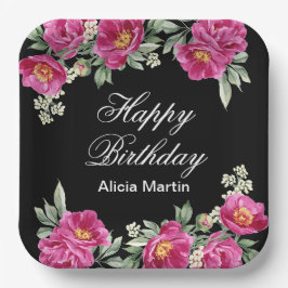 Chic Pink Red Violet Peony Floral Black Birthday Pappteller