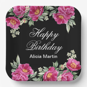 Chic Pink Red Violet Peony Floral Black Birthday Pappteller