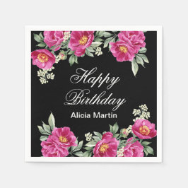 Chic Pink Red Violet Peony Floral Black Birthday Serviette