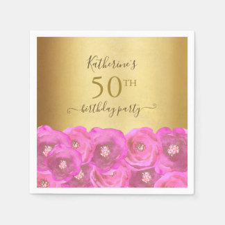 Chic Pink Rose Floral Gold 50th Birthday Party Serviette